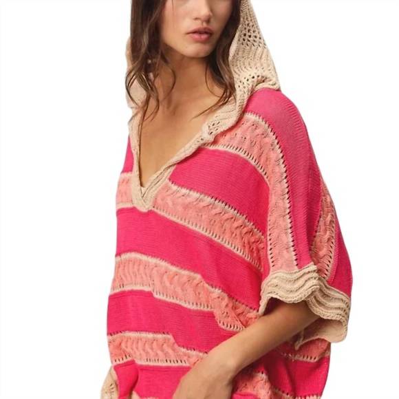 NEW BIBI stripe waved hem crochet hoodie in fuschia - Picture 3 of 4